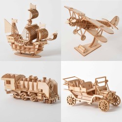 Sailing ship - biplane - steam locomotive - car - 3D wooden puzzle - assembly kit - laser cuttingConstruction