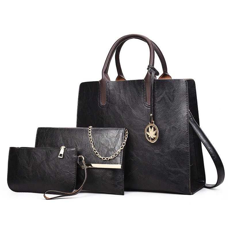 ConjuntosWomen's leather handbag set with hemp logo - with messenger bag and purse - 3pcs