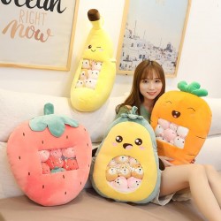 Plush cushion with small toys - transparent pocket - strawberry - avocado - banana - carrotCuddly toys