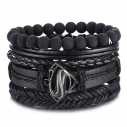 PulseraVintage black bead bracelets for men - hollow triangle - leather - multilayer wide wrap