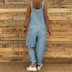 Jumpsuits2021 Women Casual Jumpsuits Vintage Linen Solid Rompers Lace Up Strappy Loose Wide Leg Dungarees Bib Overalls Female...