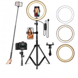 Trípodes y soportesAnillo selfie LED - lámpara de luz de relleno - con trípode - para maquillaje / video / fotos - regulable