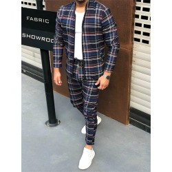 PantalonesTrendy men's plaid set - cardigan with zipper / stand-up collar / long pants - slim fit