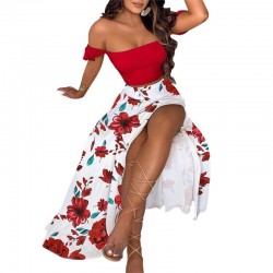 Sexy women's set - long skirt / off shoulder top - floral printDresses
