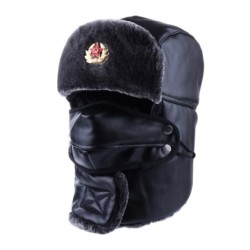 Sombreros / gorrasBomber Hat Russian Ushanka PU Leather Winter Trapper Soviet Badge Army Aviator Trooper Neck Cover Earflap