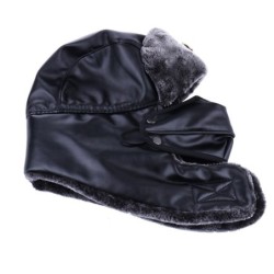 Warm winter leather hat - with neck / face cover / ear flaps - Russian / Soviet badgeHats & Caps