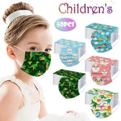 Protective face / mouth masks - disposable - 3-ply - for children - dinosaur / rainbow print - 50 pieces