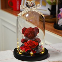 BodaRosa eterna preservada / oso de peluche - en cúpula de cristal de corazón - con LED - San Valentín / cumpleaños / bodas