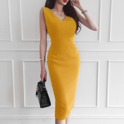VestidosElegante vestido amarillo - con cuello en V / abertura en la espalda / sin mangas