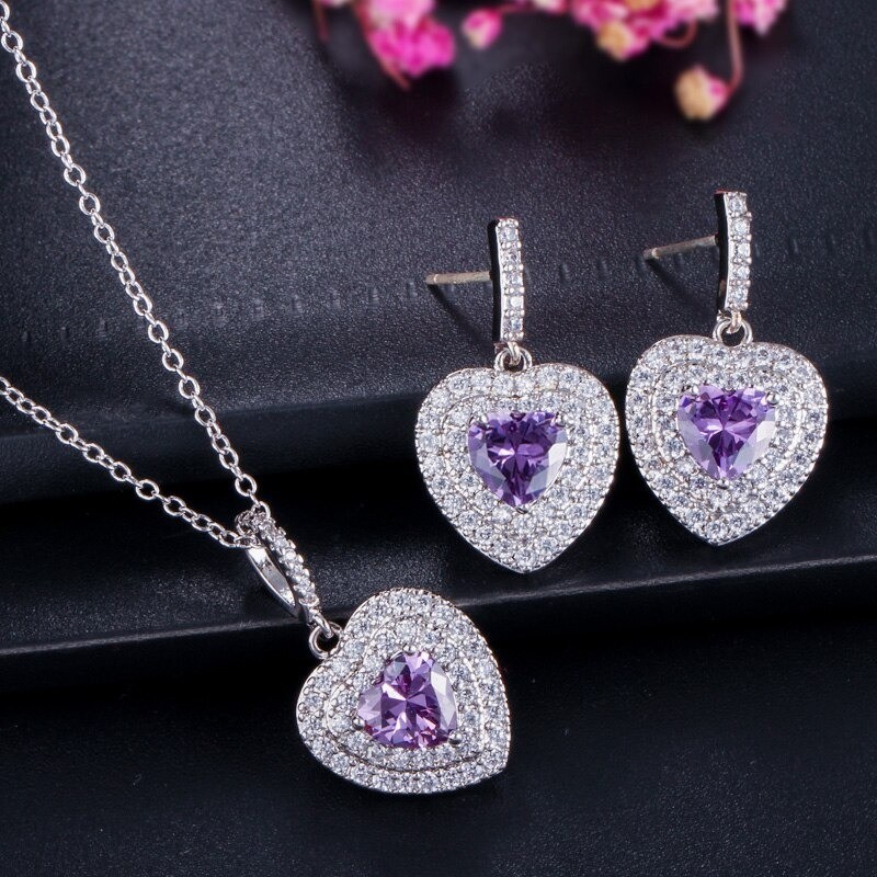Conjuntos de joyasConjunto de joyas de plata de lujo - colgantes en forma de corazón - cristal - circonita cúbica - collar - ...