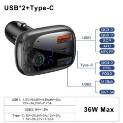 Transmisores FMBaseus - transmisor de coche - cargador rápido - Bluetooth - USB dual - tipo C
