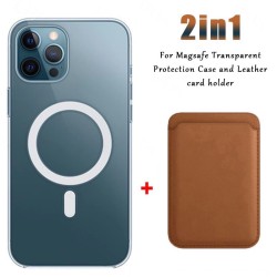 ProteccionCarga inalámbrica Magsafe - estuche magnético transparente - tarjetero de cuero magnético - para iPhone - marrón