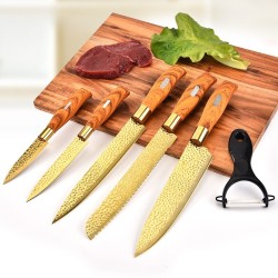 AceroCuchillos de cocina profesionales chapados en oro - pelador - acero inoxidable - mango de madera - set de 6 piezas