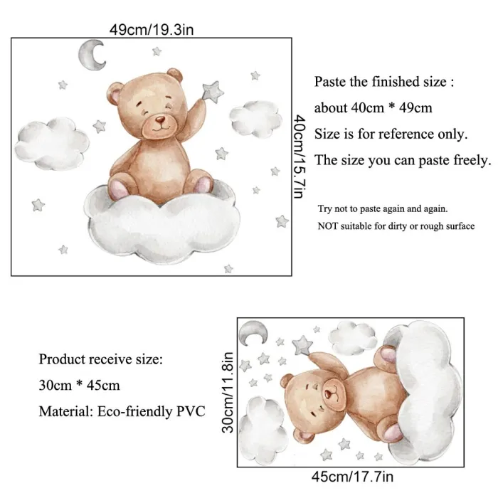 Pegatinas de paredEtiqueta de la pared de dibujos animados - papel pintado de la habitación de los niños - oso / luna / nubes...