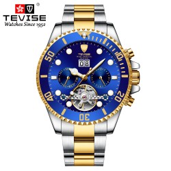 RelojesTEVISE - elegante reloj automático - acero inoxidable - resistente al agua - dorado / azul