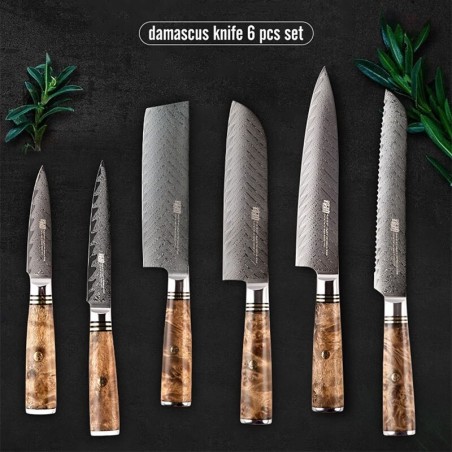 AceroJuego de cuchillos Damasco - hoja afilada - mango de madera - soporte magnético - 6 piezas