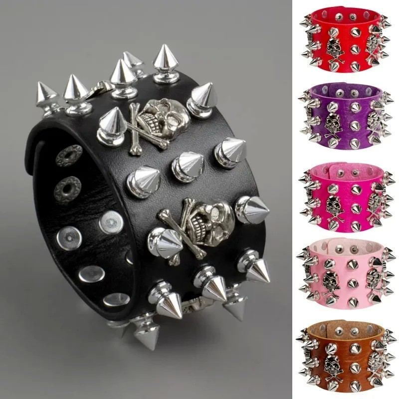 PulserasNon-Conformist Leather Bracelet Street Dance Performance Ghost Head Couple's Holiday Gift Wristband Punk Style Jewelry