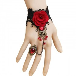 Pulserapulsera de encaje estilo gótico con rosa roja & anillo ajustable